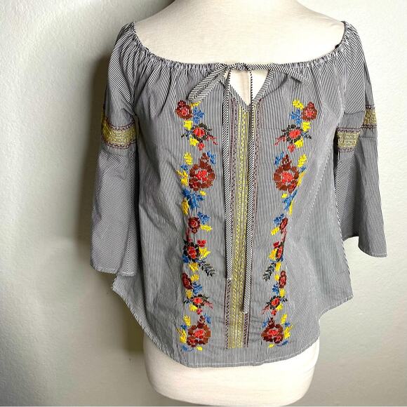 Embroidered Peasant Top with Front Tie Size Small - Picture 1 of 9